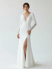 Casual V neck mermaid Sweep Train Long Sleeve Wedding Dress With Slit