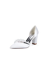 White Satin High Heels with Pearl Embellishments