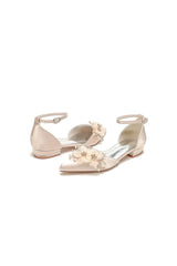 Ankle Strap Pointed Toe Low Heels with Rhinestone Flower