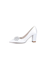 Black Satin High Heels with a Crystal Flower Accent