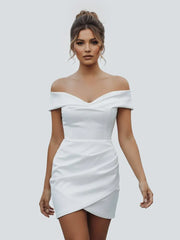 Sheath Off the Shoulder Satin Simple Wedding Dress Sleeveless Short Hemline