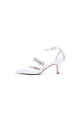 Crystal Strap Pointed Toe Satin Kitten Heels