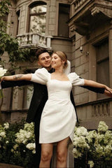 Bodycon Square Neck Satin Short Wedding Dresses with Lantern Sleeves