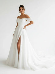 Elegant White Off the Shoulder Long Wedding Dress with Slit