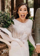 Beach Gorgeous Lace A Line Appliqued Open Back Wedding Dress With Long Sleeves