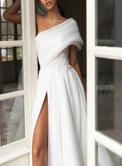 A Line One Shoulder Organza Sweep Train Wedding Dress With Appliques Lace
