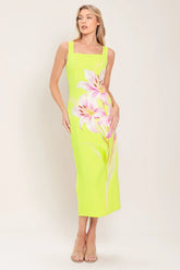 LUSH LIME MIDI DRESS WITH SQUARE NECKLINE