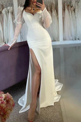 Casual Sweetheart Long Sleeve Satin With Side Slit Beach Wedding Dress