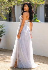 SOLAINE GOWN HAZE BLUE STRAPLESS BUSTIER CORSET A LINE DRESS