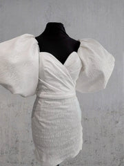 Sheath White Puff Sleeves Short V Neck Wedding Dress