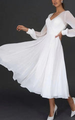 A Line V neck Chiffon Long Sleeves Zipper Wedding Dress