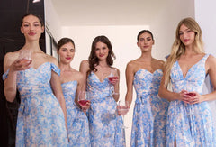 MARTA GOWN BLUE STRAPLESS FLORAL PRINTED SOFT CHIFFON DRESS