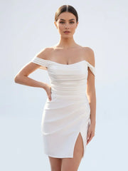 Off the Shoulder Short Satin Cowl Neck Simple Formal Wedding Dress With Slit
