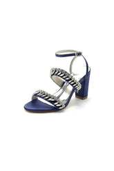 Navy Blue Evening Heels with Sequins and Chain Decor