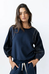 Malinda Mixed Media Top in Dark Wash FINAL SALE