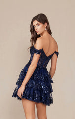 BRENNA MINI DRESS NAVY BLUE OFF SHOULDER TIERED SHORT DRESS