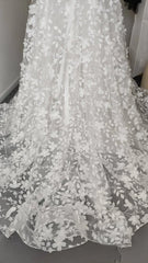 Sexy Floral A Line Boho Lace Sleeved Long Wedding Dress with Sweep Train