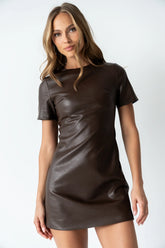 Moxie Vegan Leather Mini Dress in Brown FINAL SALE