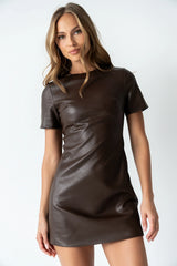 Moxie Vegan Leather Mini Dress in Brown FINAL SALE