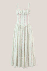 White Vintage Rose Printed A Line Cotton Midi Dress