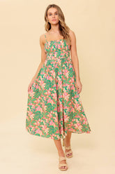 STORYTELLING PINK GREEN MIDI DRESS WITH POCKETS
