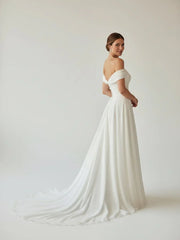 A Line Chiffon Sleeveless Off the Shoulder Wedding Dress with Ruching Floor Length