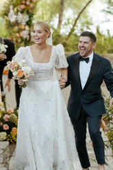 A Line Square Neck Vintage Lace Wedding Dresses