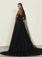 A Line Black Gothic Wedding Dresses with Sequin Lace Appliques