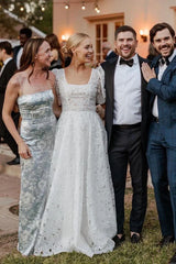 A Line Square Neck Vintage Lace Wedding Dresses