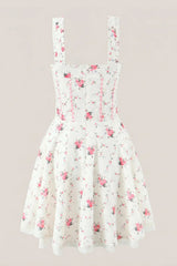 White Warm Rose Print Cotton Mini Dress