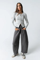 Mia Button Up Top in Striped Grey