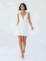 A Line V Neck Sleeveless Short Mini Satin Wedding Dresses