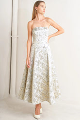 WHITE GOLD JACQUARD STRAPLESS MIDI DRESS