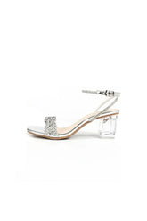 Silver Sequined Ankle Buckle Open Toe Chunky Heels