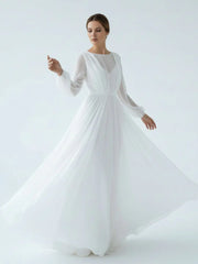 A Line Illusion Neck Long Sleeves Sweep Train Organza Wedding Dresses