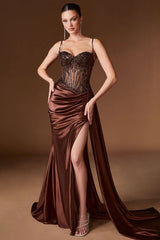 Teagan Gown Espresso Fitted Satin Lace Dress