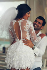 A Line Illusion Neck Lace Applique Long Sleeves Short Mini Wedding Dresses