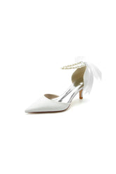 Pointed Toe Glitter Crystal Ribbons Faux Pearl Pumps