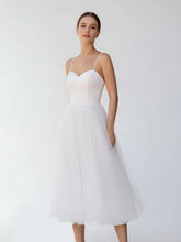 A Line Spaghetti Straps White Satin Tulle Tea Length Wedding Dresses