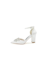 Rhinestone Pointed Toe Ankle Strap Satin Chunky Heel