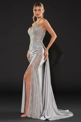 Kendra Gown Silver Dress With Train Skirt Inset Detail