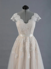 Cap Sleeve V Neck Lace Tulle Wedding Dress With Zipper Back