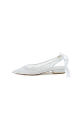 Satin Pointed Toe Mesh Low Heels With Bow