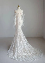 Lace Mermaid Covered Button Long Sleeve Train Wedding Dress