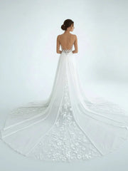 A Line V Neck Chiffon Boho White Appliques Wedding Dresses