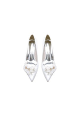 Pointed Toe White Rhinestone Chunky Heels with Flower
