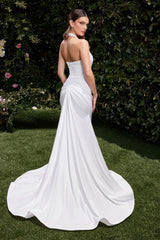 Autumn Gown Off White Stretch Spandex Satin Halter Fitted Dress