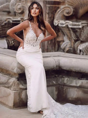 Mermaid V Neck Satin Wedding Dresses with Lace Appliques