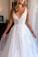 Ivory A Line Deep V Neck Backless Long Wedding Dress with Lace