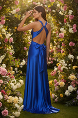 Odette Maxi Dress Royal Open Back With Adjustable Bow Tie Detail